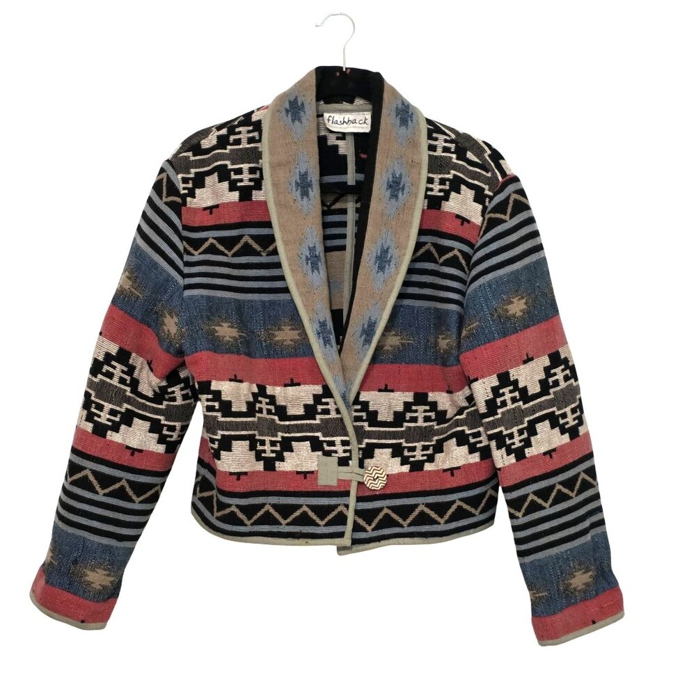 Vtg Flashback Womens Western Cropped Jacket Medium Cardigan Tapestry Aztec Boho